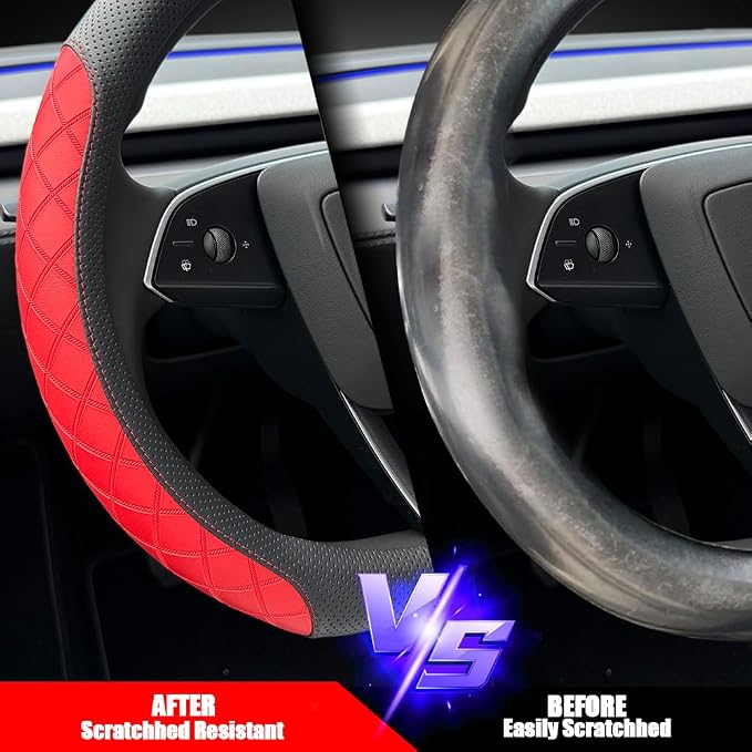LKWLIKEI Leather Steering Wheel Cover. Elegant Diamond Checkered Design, Non-Slip and Breathable, for Tesla Model 3/Y Steering Wheel Protector,Black Red
