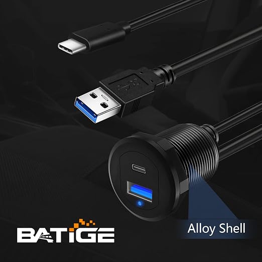 Type C 3.0 USB 3.0 Alloy Shell Car Mount Flush USB Port Cable Male to Female, Car Truck Boat Motorcycle Dashboard Panel Extension Cable LED Indicator - 3ft