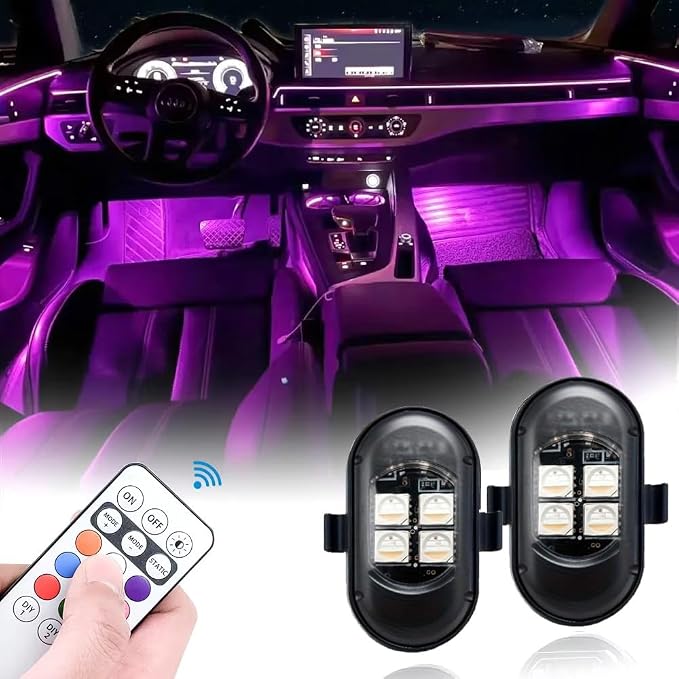 Upgraded 4PCS Mini Wireless LED Strobe Lights for Car Drone Motorcycle Bike with Remote Control High-Brightness Warning Wireless LED Lights for Motorcycle USB Rechargeable 8-Color Car Lights Interior