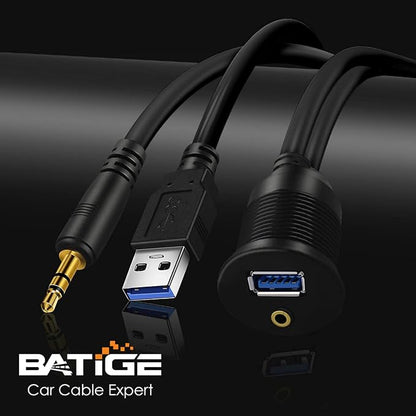 USB 3.0 & 3.5mm Car Mount Flush Cable, 3ft