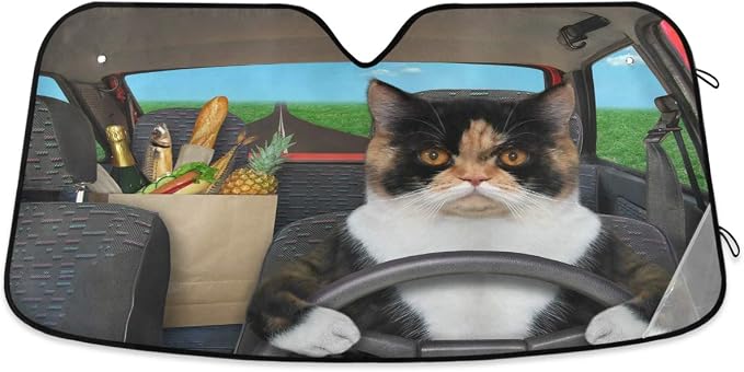Cat Driving Car Windshield Sun Shade Fun Animal Cool Foldable UV Ray Sun Visor Protector Sunshade to Keep Your Vehicle Cool (55" x 27.6")