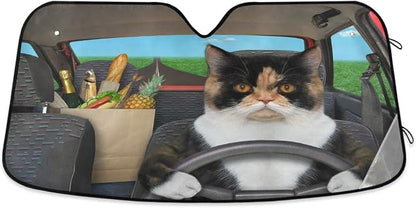 Cat Driving Car Windshield Sun Shade Fun Animal Cool Foldable UV Ray Sun Visor Protector Sunshade to Keep Your Vehicle Cool (55" x 27.6")