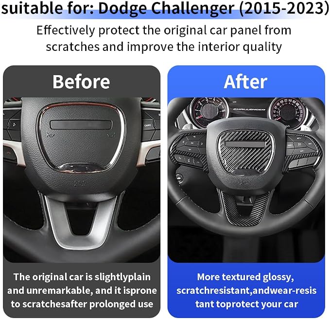 Carbon Fiber Style Car Steering Wheel Trim Cover Panel for Dodge Challenger Charger 2015-2023 and Dodge Durango 2014-2020 Auto Interior Decorations Accessories Center Console Protection Covers