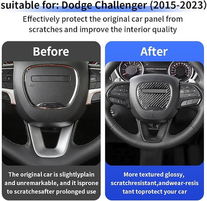 Carbon Fiber Style Car Steering Wheel Trim Cover Panel for Dodge Challenger Charger 2015-2023 and Dodge Durango 2014-2020 Auto Interior Decorations Accessories Center Console Protection Covers