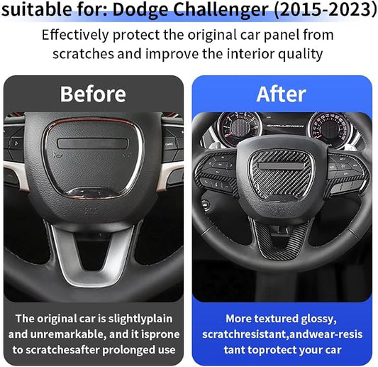 Carbon Fiber Style Car Steering Wheel Trim Cover Panel for Dodge Challenger Charger 2015-2023 and Dodge Durango 2014-2020 Auto Interior Decorations Accessories Center Console Protection Covers