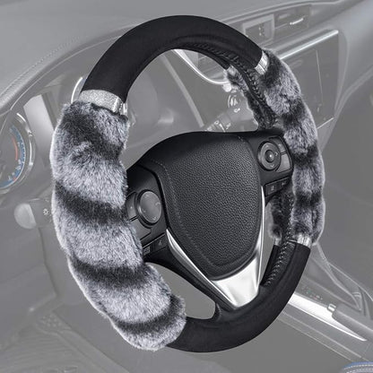 BDK Bear Fur Plush Steering Wheel Cover - Cute Faux Wool Protector for Women Girls Fits Wheels 14.5-15 inch Two Tone Black/Gray - with Glitter