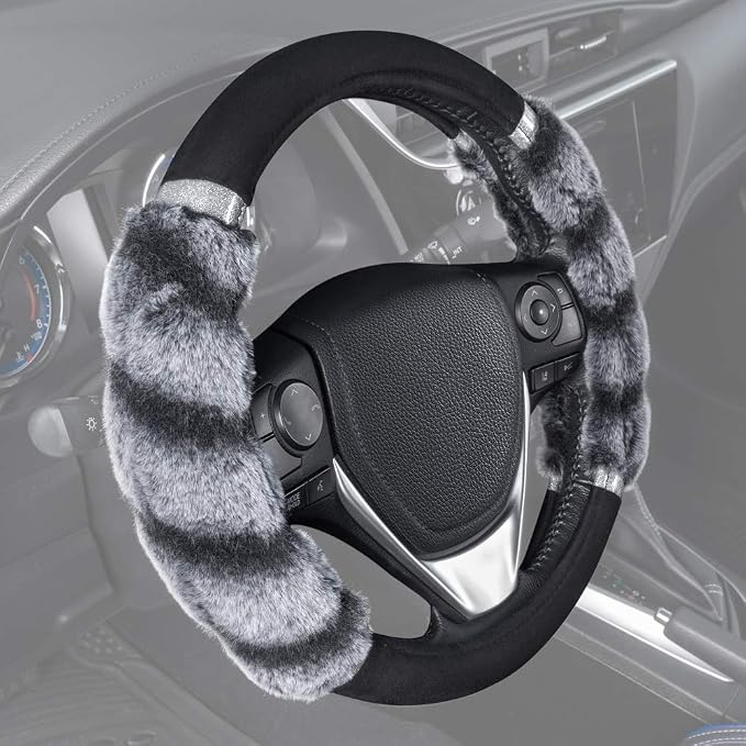 BDK Bear Fur Plush Steering Wheel Cover - Cute Faux Wool Protector for Women Girls Fits Wheels 14.5-15 inch Bear Fur - Black/Gray with Glitter