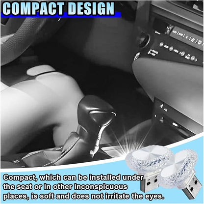 2PCS USB LED Car Interior Night Light, Crystal Mini Decoration Neno Ambient Light Car Interior Atmosphere Lamp, Plug-in USB Interface Auto Trunk Ambient Lighting Kit Universal for Cars (White)