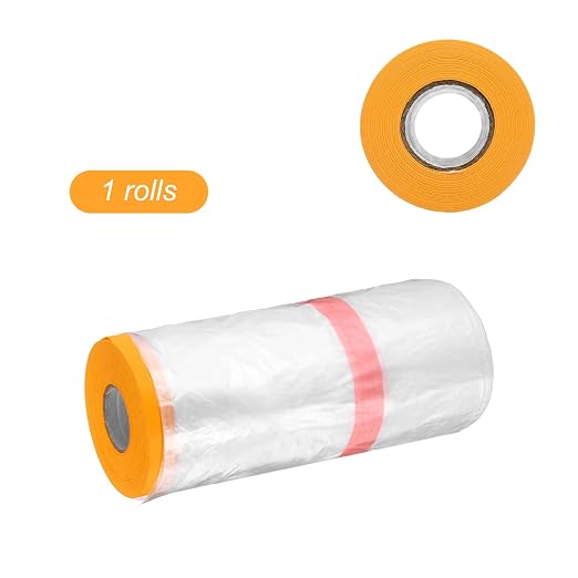 HARFINGTON Pre-Taped Masking Film 106.3" x65.6ft Double Adhesive Tape and Drape Painters Plastic Drop Cloth Film with Tape Plastic Sheeting for Automotive Painting Covering