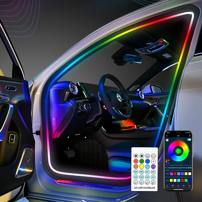 Car SUV Door Frame Ambient Light Lighting, Car Door Ambient Lights LED RGB, Automotive Auto Interior USB Neon Accent Lights Strip Accessories, App Remote Control Music Sync, Acrylic, 4 Pack*9.84ft