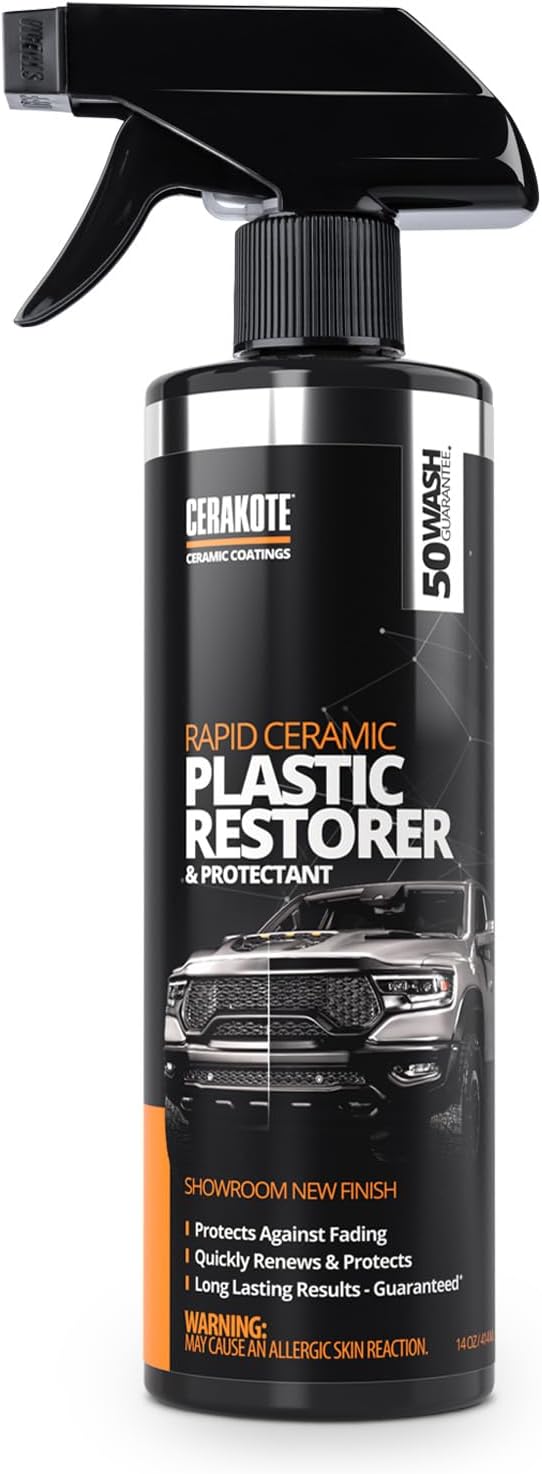 CERAKOTE Rapid Ceramic Plastic Restorer and Protectant Spray - 14 oz - 50+ Wash Rating - Restores Faded Black Trim and Bumpers - Non-Greasy Formula for Cars and Trucks