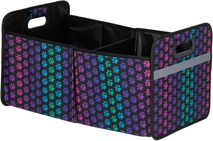 GreaterGood Paws Car Trunk Organizer Foldable Storage Bin with Handles Non Slip Base Pet Gear Travel Tote for SUV Truck (Rainbow Paws)