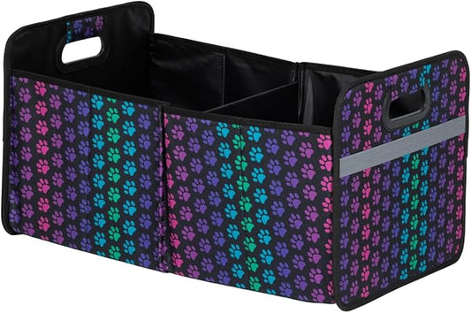 GreaterGood Paws Car Trunk Organizer Foldable Storage Bin with Handles Non Slip Base Pet Gear Travel Tote for SUV Truck (Rainbow Paws)