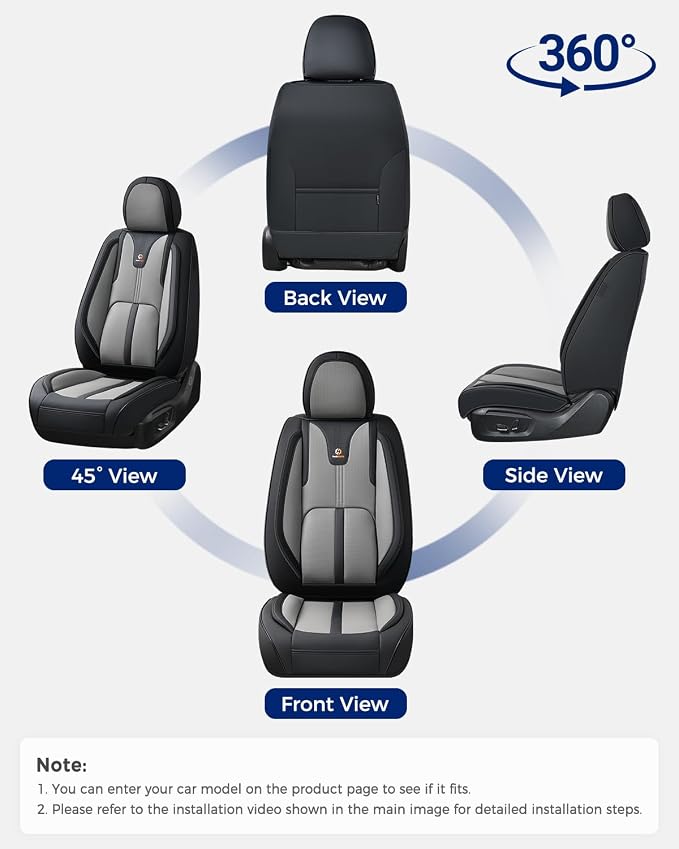 Huidasource Car Seat Covers Front Seats Luxury Nappa Leather, Front Seat Covers with Airbag, Front Storage Pocket, Lumbar Support, Cooling＆Heating, Universal Fit for Most Cars SUV Trucks, Black&Gray