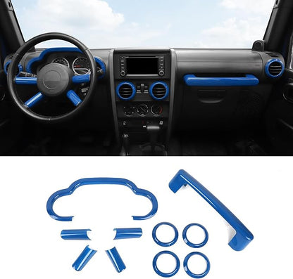 Jimen Compatible with Jeep Wrangler JK & Unlimited 2007-2010, 10PCS Center Console Dashboard Panel Trim & Air Conditioning Vent & Co-Pilot Handle Bar Overlays (Blue)
