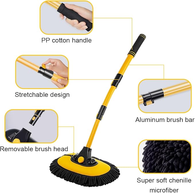 Car Wash Brush Kit, 40" Auto Wash Mop with 15° Curved Extendable Long Handle, Soft Scratch-Free Car Cleaning Mop Mitt to Clean Your Car Shine Like New, Car Accessories (Black+Yellow)