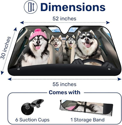 GENANY Siberian Husky Windshield Cover for Car SUV Truck (55x30 Inches), Foldable Heat Shield, Shades for Front Windows, Protector Blocks UV, Car Decor