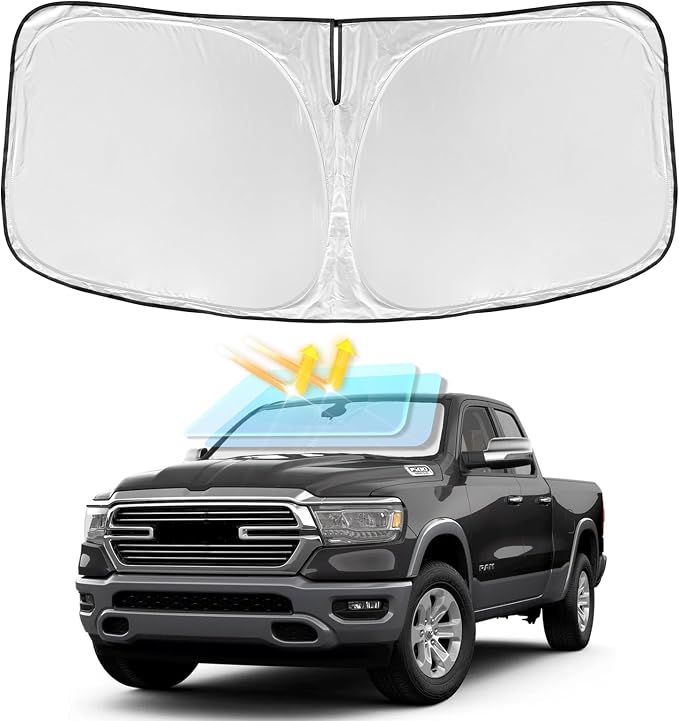 for Dodge Ram 1500 2011-2018 Windshield Sun Shade - 4 Layers Car Sunshades for Front Windows Shade Cover Custom Fit Ram 1500 Sun Visor 250T Retractable Shade Blocks UV Rays Car Accessories
