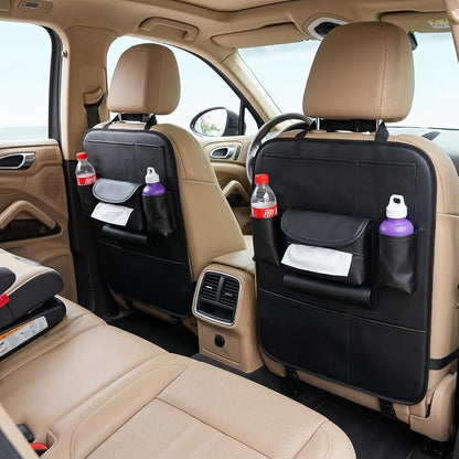 2 Pack PU Leather Premium Car SeatBack Organizer Travel Accessories Kick mats Back seat Protector and Cup Holder Holder Universal Use Seat Covers (23×17 in)