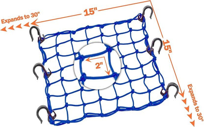 Small Cargo Net 15"x15" Stretches to 30"x30" with Thicken Hooks | Natural Latex Core, Tight 2”x2” Mesh Heavy Duty Bungee Net for Motorcycle Helmet, Bike, ATV, UTV, Luggage (Blue, 2 Pack)