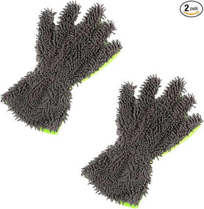 2PCS Car Wash Mitts, Double Sided Chenille Microfiber Dusting Gloves with 5-Finger Design, Anti-Scratch Auto Interior Exterior Detailing Mitt for Cleaning Wheel Tight Spot (Grey)
