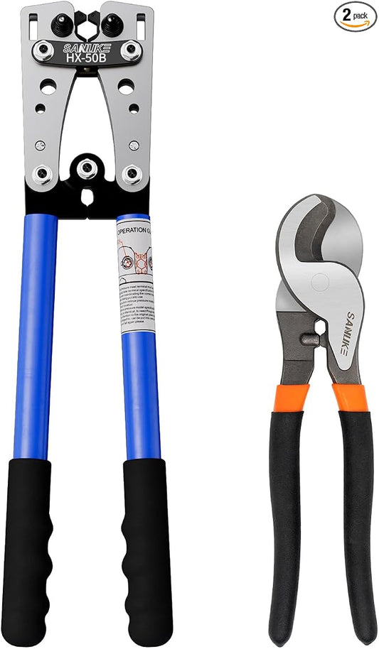 Sanuke Battery Cable Lug Crimping Tool with Heavy Duty Cable Wire Cutters, Battery Cable Crimper for AWG 8 6 4 2 1/0 Copper Lug Ring Terminals, Aluminum Copper Communication Cables Cutting