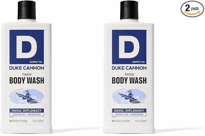 Duke Cannon Supply Co. Thick High Viscosity Body Wash - 3X Thicker, Plant-Based, Mineral-Enriched Body Wash for Men - Citrus Musk + Cedarwood - Mens Body Scrub - Naval Diplomacy (18 oz) (Pack of 2)
