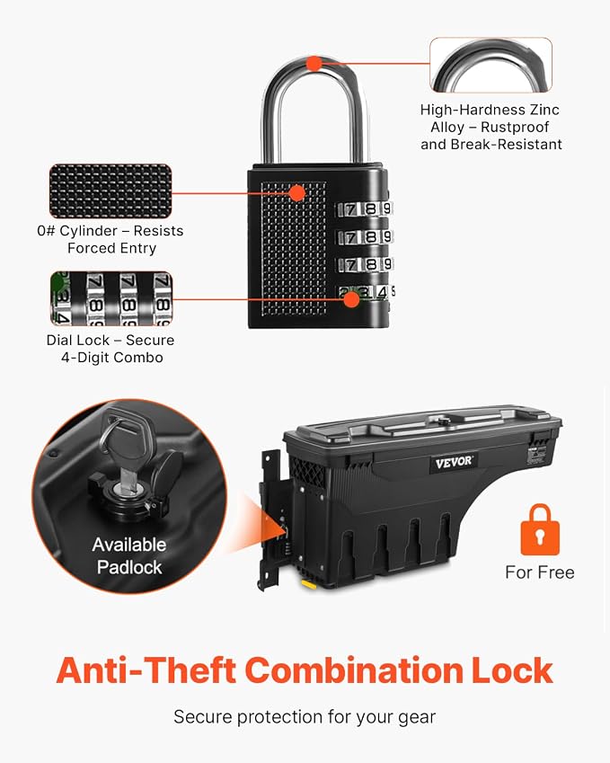 VEVOR Truck Bed Storage Box, Lockable with Password Padlock, 6.6 Gal/25 L ABS Wheel Well Tool Box, Waterproof and Durable, Compatible with Ford F-150 2015-2021, Drivers Side (Left)