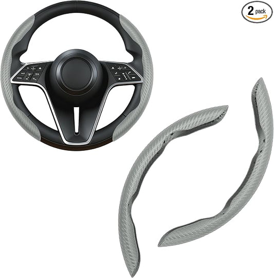 Carbon Fiber Steering Wheel Cover, 2-Piece Set Anti-Skid Comfortable Grip Segmented Butterfly Design, Easy Snap-On Installation Universal Fit 99% Cars, Gray