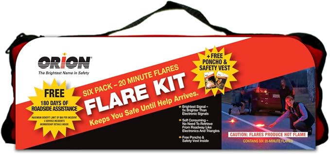 Be Prepared w/Our 6 Piece Highway Roadside Emergency Kit and Case with 6, 20-Minute Signal Flares & Stands, Roadside Assist Included Plus a Reflective Safety Vest, Rain Poncho - for Cars, Trucks, RV