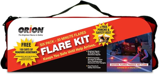 Be Prepared w/Our 6 Piece Highway Roadside Emergency Kit and Case with 6, 20-Minute Signal Flares & Stands, Roadside Assist Included Plus a Reflective Safety Vest, Rain Poncho - for Cars, Trucks, RV