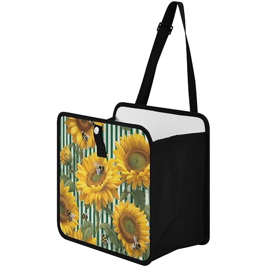 Car Trash Can Organizer Bin with Adjustable Strap for Back Front Seat Console Waterproof Leakproof Collapsible Portable 8.66 Inch Green Striped Sunflowers and Honey Bees
