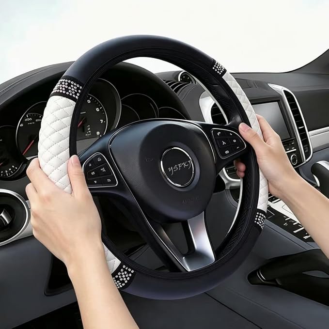 Soft Leather Car Steering Wheel Cover, Universal 15 Inch Colorful Rhinestones Anti-Slip Elastic Steering Wheel Covers for Most Cars, Sparkly Crystal Diamond for Women Girls (White)