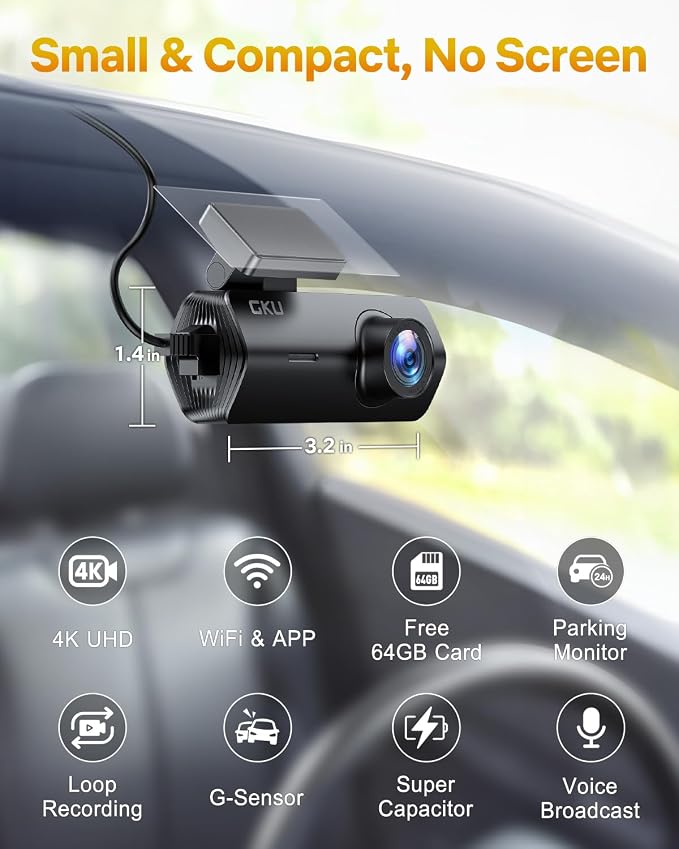 GKU 4K Dash Cam Front, Mini DashCam Includes 64GB Card, Dash Camera Built-in WiFi, 24H Parking Monitor,Night Vision,WDR,170° Wide Angle,Loop Recording,G-Sensor, (Black)