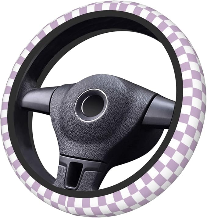 Light Purple Checkered Steering Wheel Cover for Women, Universal Auto Steering Wheel 14-15 Inch Car Interior Accessories with 2PCS Car Coasters, Suitable for Men and Women