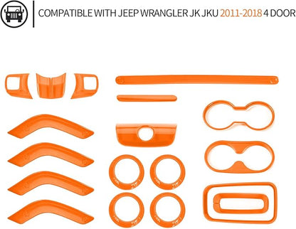 18PCS Full Set Interior Trim Kit for Jeep Wrangler JK JKU 2011-2018 4 Door,Center Console Door Handle Side Outlet Cup Holder Gear Cover Trim (Orange)