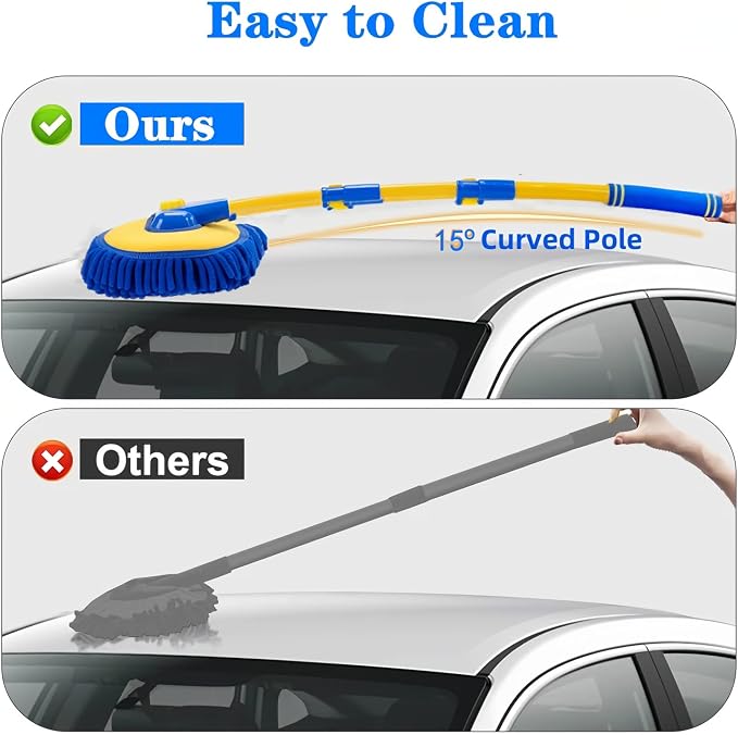 Mveqrrn Upgrade Car Wash Brush with Long Handle,Chenille Microfiber Car Cleaning Brush Supplies Kit Car Wash Mop Accessories Car Washing Brush with Scratch-Free Replacement Head(Blue