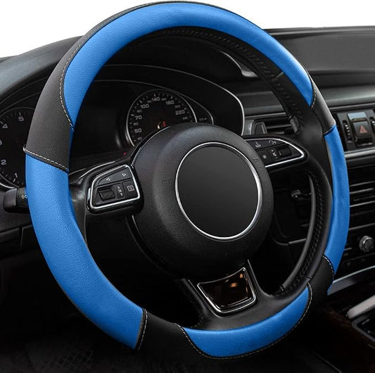 Black and Blue Microfiber Leather Steering Wheel Cover，Universal 15 inch Steering Wheel Covers for Car Truck SUV，Breathable, Anti Slip & Odor Free(Black+Blue)…