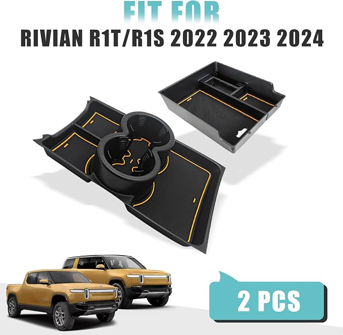 BestEvMod for Rivian R1T & R1S Armrest Storage Box and Cup Holder Lower Center Console Organizer Tray 2PCS with PVC Trim Compatible with Rivian R1T/R1S 2022-2024 Accessories (2PCS Yellow)