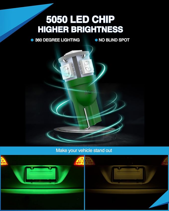 Marsauto 194 LED Light Bulb Green, 168 T10 2825 LED Replacement Bulbs for Car Dome Map Door Courtesy License Plate Lights (Pack of 10)