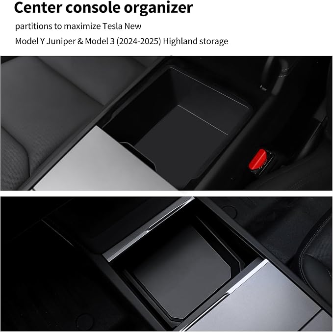 Center Console Organizer Tray for Tesla Model Y Juniper 2025-2026&Tesla Model 3 Highland 2024-2026, Black Storage Box Set with Cup Holder and Camera Cover, 2 Compartments