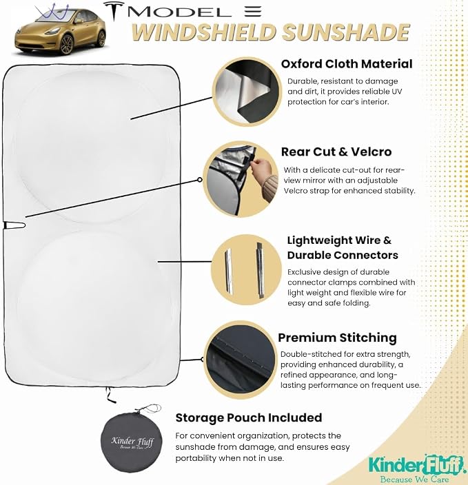 Windshield Sun Shade Compatible for Tesla Model 3/Y | Certified 99.87% UVB & 99.02% UVA Car Sun Shade. Award Winning Sunshade - Patented Technology | Car Shades by Kinder Fluff