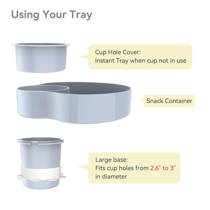 Car Seat Cup Holder Snack Tray: Travel Tray for Kids Car Seat Food Tray for Kids Travel, Toddler Carseat Eating Plate Table, Kid Road Trip Table Essentials Accessories, Grey