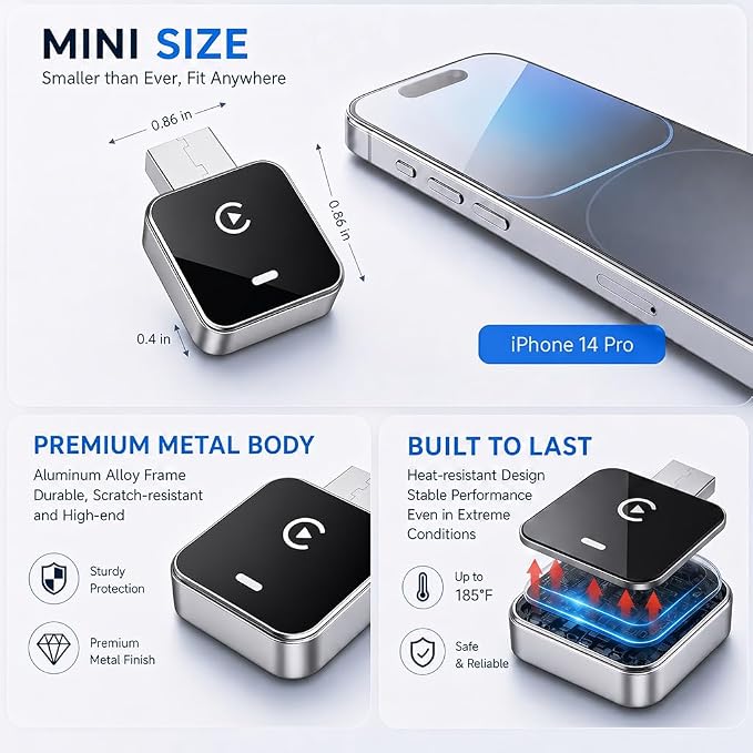 2-in-1 Wireless CarPlay Adapter for iPhone iOS & Android 11+, Plug and Play, Fast Auto-Connect, Realtek 8730E Chip Stable & No Latency, Wired to Wireless Adapter with USB-A/Type-C Port (CM101)