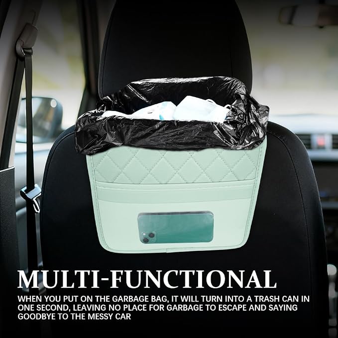 Car Seat Back Organizer, Leather Backseat Hanging Storage Bag, Multipurpose Car Hanging Trash Bag with 2 Compartments, Car Large Capacity Pouch Pocket for Kids & Adults (Green/Transparent Bag)