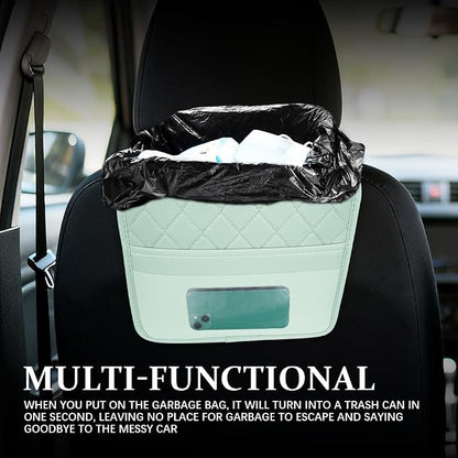 Car Seat Back Organizer, Leather Backseat Hanging Storage Bag, Multipurpose Car Hanging Trash Bag with 2 Compartments, Car Large Capacity Pouch Pocket for Kids & Adults (Green/Transparent Bag)