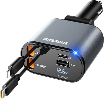 【Upgraded】 SUPERONE Retractable Car Charger 4 in 1, Fast Car Phone Charger with Cord 2.6ft, USB C and Apple Car Charger Adapter, Compatible with iPhone 17 16 15/15 Pro Max/14/13/12/11, Galaxy, Pixel
