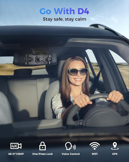4K 360° Dash Cam, 4-Channel Dash Camera for Cars, Full Coverage Front Rear Left Right Inside with GPS, 5.8GHz Wi-Fi & App, Night Vision, Voice Control, 24H Parking Mode, 128GB Card Included