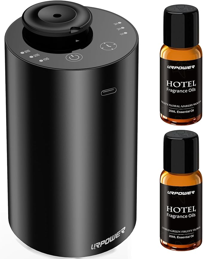 URPOWER Waterless Essential Oil Diffuser: No Water Needed Battery Operated Scent Diffuser - 2 * 20ML Hotel Fragrance Essential Oils - Cordless & Mini Oil Machine Aluminum for Car Home Office(Black)