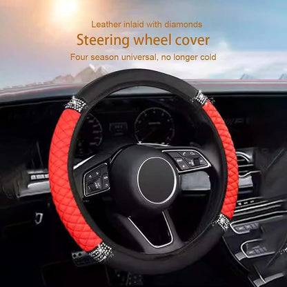 Microfiber Leather Steering Wheel Cover with Anti-Slip Lining Universal Car Accessory for Steering Wheel with a Diameter of 14.5-15 inch (Red)